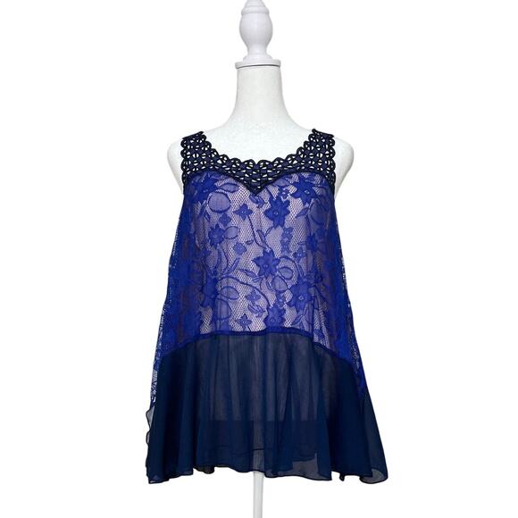 Free People Indigo Blue Chiffon Ruffle Hem Lace Sheer Swing Tank Top Small S - Picture 2 of 9